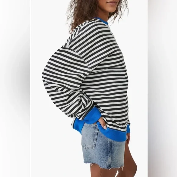 Free People -We the Free Oversized Striped Black & White Crewneck Sweatshirt - Picture 3 of 10